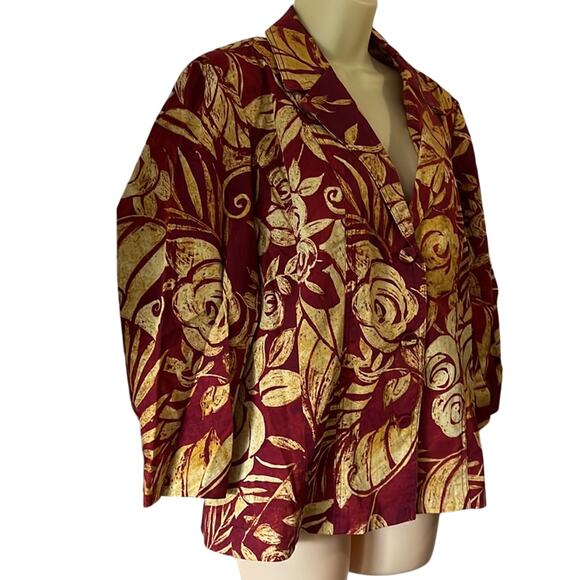 Chico’s 2 Leaf Print Cotton Blend Jacket blazer Woman Size 12 Unlined 3/4 Sleeve - Picture 2 of 9